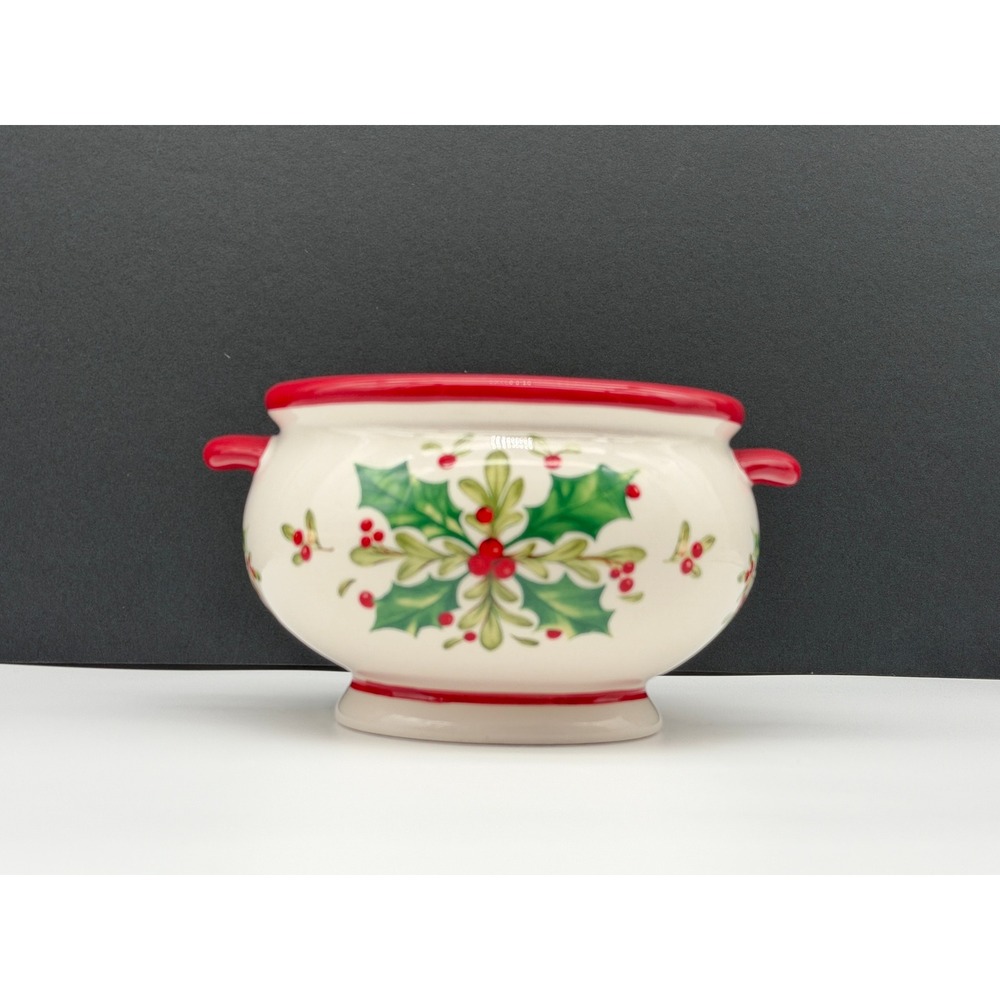 Teleflora Gift Ceramic Christmas Holly Berry Serving Bowl with Handles Red Trim
